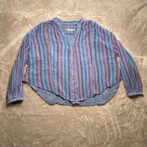 We The Free Valley Double Cloth Striped Shirt Womens S Blue Long Sleeve Boho